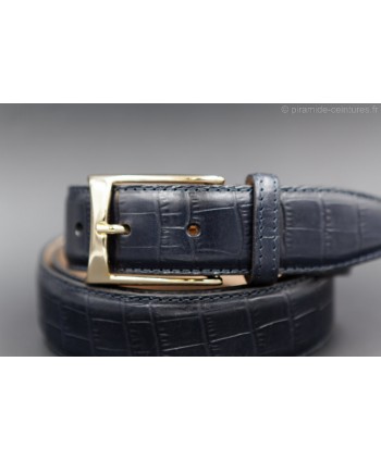 Marine crocodile-style cowhide leather belt - golden buckle - buckle detail