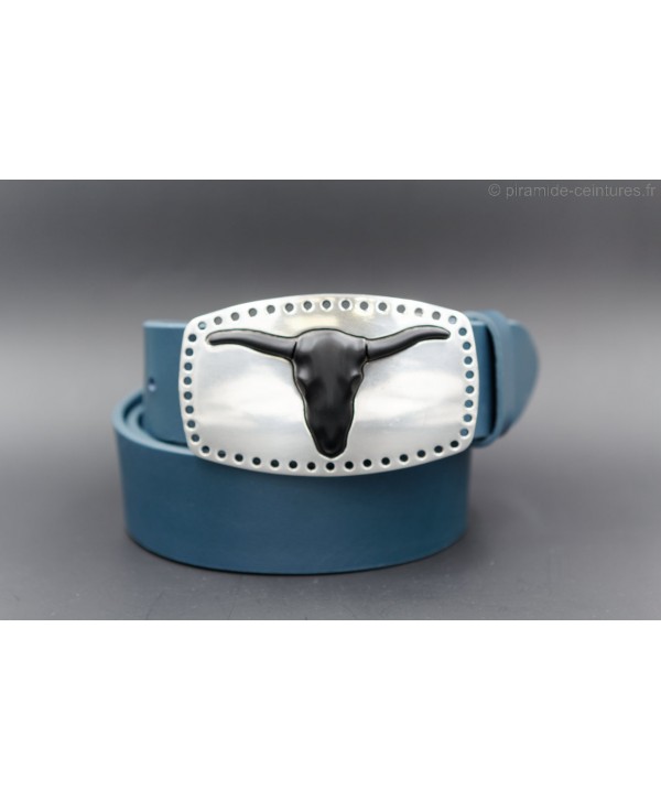Turquoise cowhide belt long horn head buckle