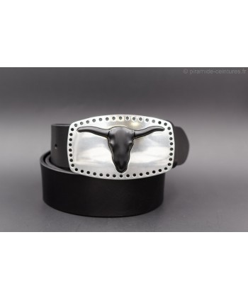 Black cowhide belt long horn head buckle
