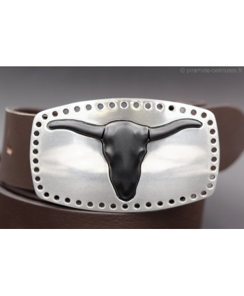 Dark brown cowhide belt long horn head buckle - buckle detail
