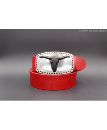 Red cowhide belt long horn head buckle