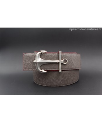 Reversible red and gray leather belt 40 mm with anchor buckle - gray side.