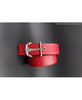 Reversible red and gray leather belt 40 mm with anchor buckle - red side.