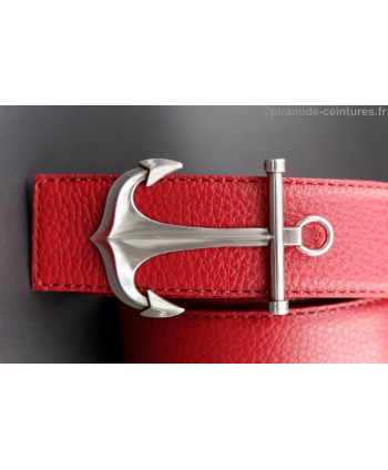 Reversible red and gray leather belt 40 mm with anchor buckle - red side - buckle detail.