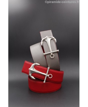 Reversible red and gray leather belt 40 mm with anchor buckle.