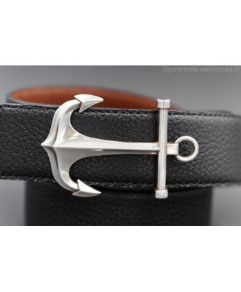 Reversible black and brown leather belt 40 mm with anchor buckle - black side - buckle detail.