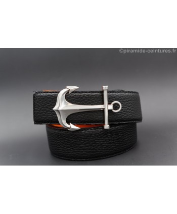 Reversible black and orange leather belt 40 mm with anchor buckle - black side.