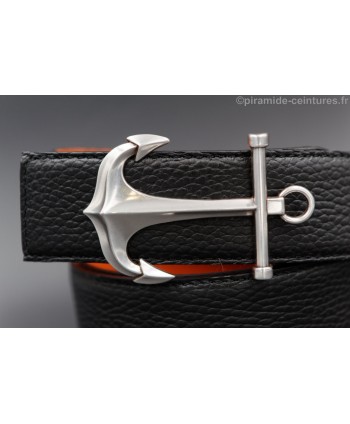 Reversible black and orange leather belt 40 mm with anchor buckle - black side - buckle detail.
