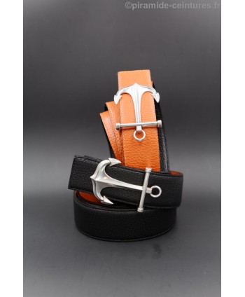Reversible black and orange leather belt 40 mm with anchor buckle.