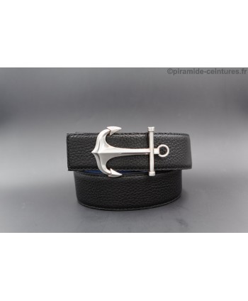 Reversible black and blue leather belt 40 mm with anchor buckle - black side.