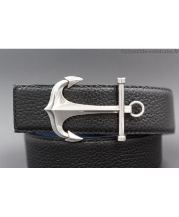 Reversible black and blue leather belt 40 mm with anchor buckle - black side - buckle detail.
