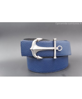 Reversible black and blue leather belt 40 mm with anchor buckle - blue side.