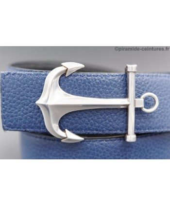 Reversible black and blue leather belt 40 mm with anchor buckle - blue side - buckle detail.