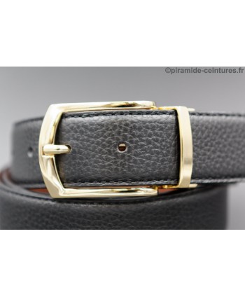 Reversible black and brown leather belt 35 mm with golden pin buckle - black side - buckle detail