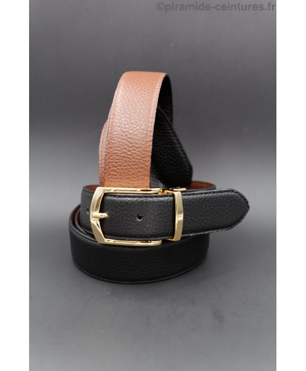 Reversible black and brown leather belt 35 mm with golden pin buckle.