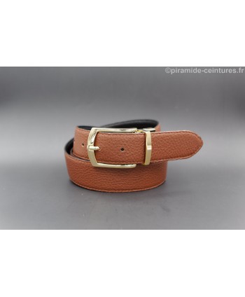 Reversible black and brown leather belt 35 mm with golden pin buckle - brown side