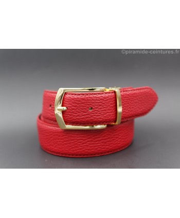 Reversible red and gray leather belt 35 mm with golden pin buckle - red side