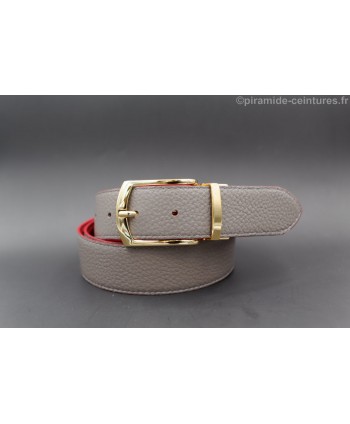 Reversible red and gray leather belt 35 mm with golden pin buckle - gray side