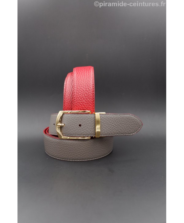 Reversible red and gray leather belt 35 mm with golden pin buckle.