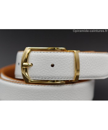 Reversible camel and white leather belt 35 mm with golden pin buckle - white side - buckle detail