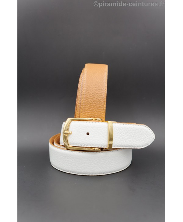 Reversible camel and white leather belt 35 mm with golden pin buckle.