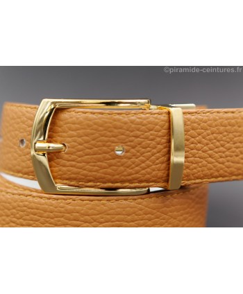 Reversible camel and white leather belt 35 mm with golden pin buckle - camel side - buckle detail