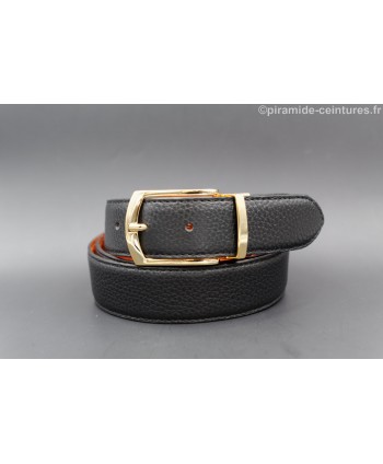 Reversible black and orange leather belt 35 mm with golden pin buckle - black side