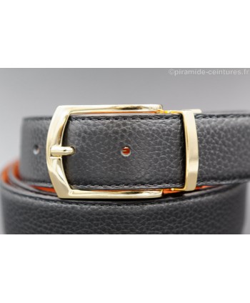 Reversible black and orange leather belt 35 mm with golden pin buckle - black side - buckle detail