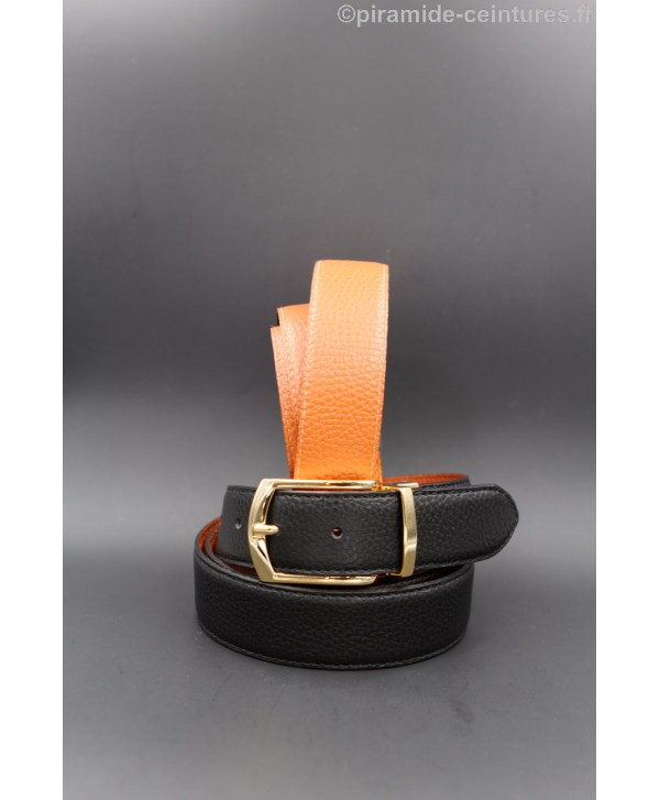 Reversible black and orange leather belt 35 mm with golden pin buckle.