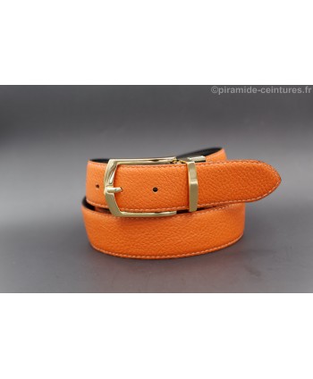 Reversible black and orange leather belt 35 mm with golden pin buckle - orange side