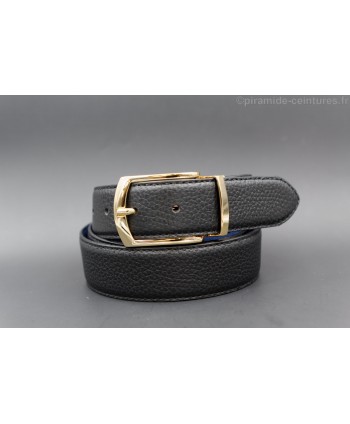 Reversible black and blue leather belt 35 mm with golden pin buckle - black side
