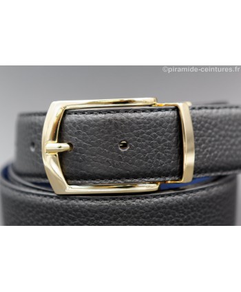 Reversible black and blue leather belt 35 mm with golden pin buckle - black side - buckle detail