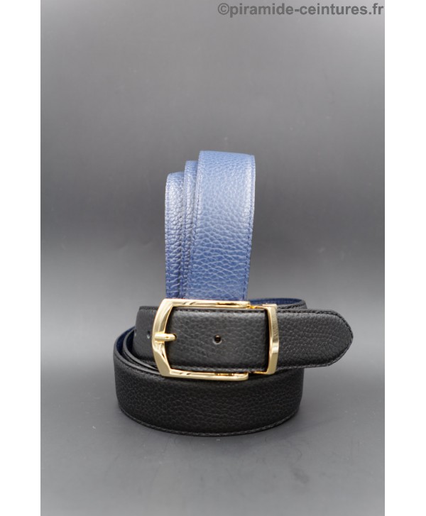 Reversible black and blue leather belt 35 mm with golden pin buckle.