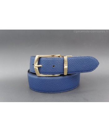 Reversible black and blue leather belt 35 mm with golden pin buckle - blue side