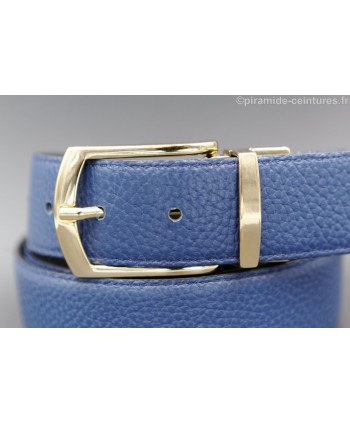 Reversible black and blue leather belt 35 mm with golden pin buckle - blue side - buckle detail
