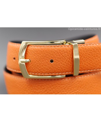 Reversible black and orange leather belt 35 mm with golden pin buckle - orange side - buckle detail