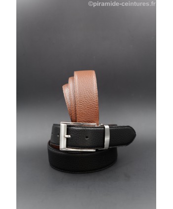 Reversible brown and black leather belt 35 mm with nickel pin buckle.