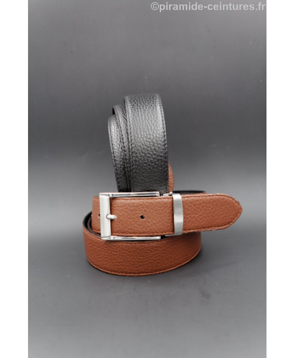 Reversible black and brown leather belt 35 mm with nickel pin buckle.