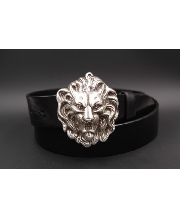 Black leather belt with lion head buckle