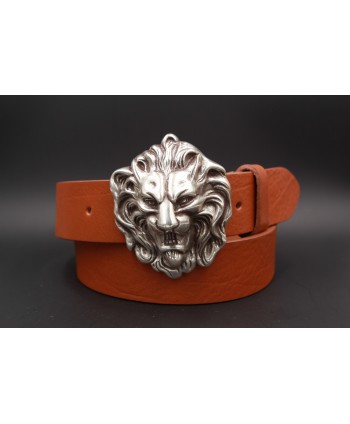 Camel leather belt with lion head buckle