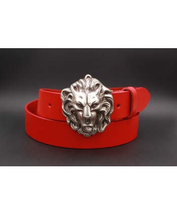 Red leather belt with lion head buckle