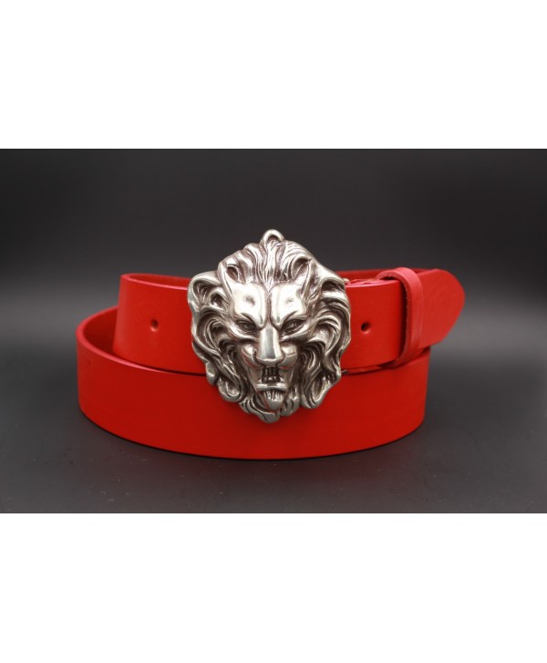 Red leather belt with lion head buckle