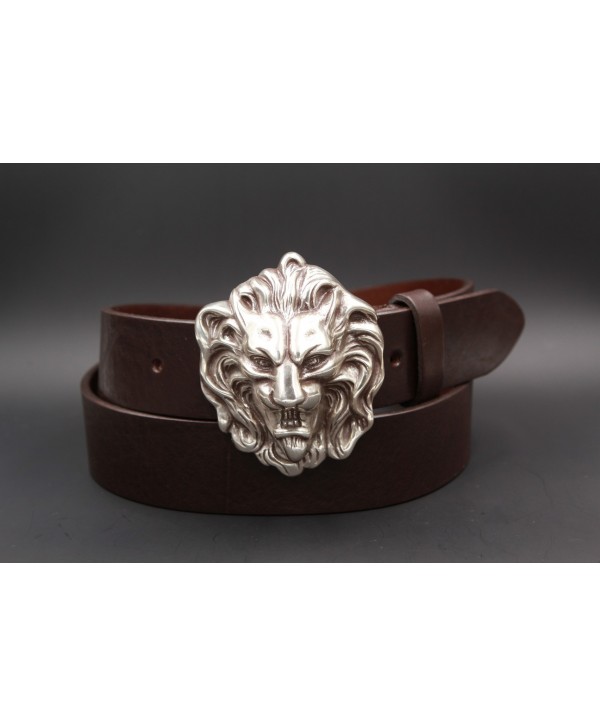 Dark brown leather belt with lion head buckle