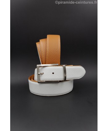 Reversible 35 mm leather belt camel and white with thin nickel pin buckle