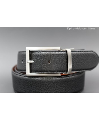Reversible 35 mm leather belt black and brown with thin nickel pin buckle - black side - buckle detail