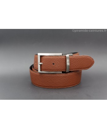 Reversible 35 mm leather belt black and brown with thin nickel pin buckle - brown side