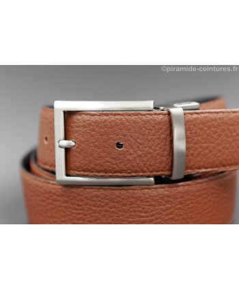 Reversible 35 mm leather belt black and brown with thin nickel pin buckle - brown side - buckle detail