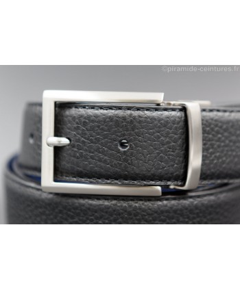 Reversible 35 mm leather belt black and blue with thin nickel pin buckle - black side - buckle detail