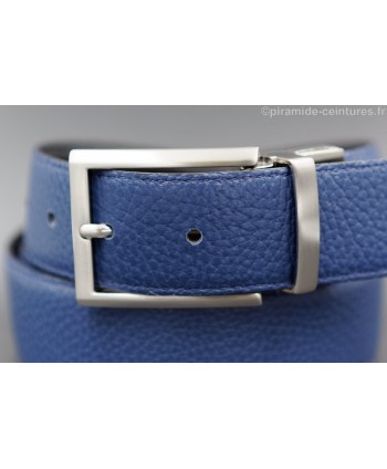 Reversible 35 mm leather belt black and blue with thin nickel pin buckle - blue side - buckle detail