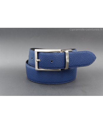 Reversible 35 mm leather belt black and blue with thin nickel pin buckle - blue side